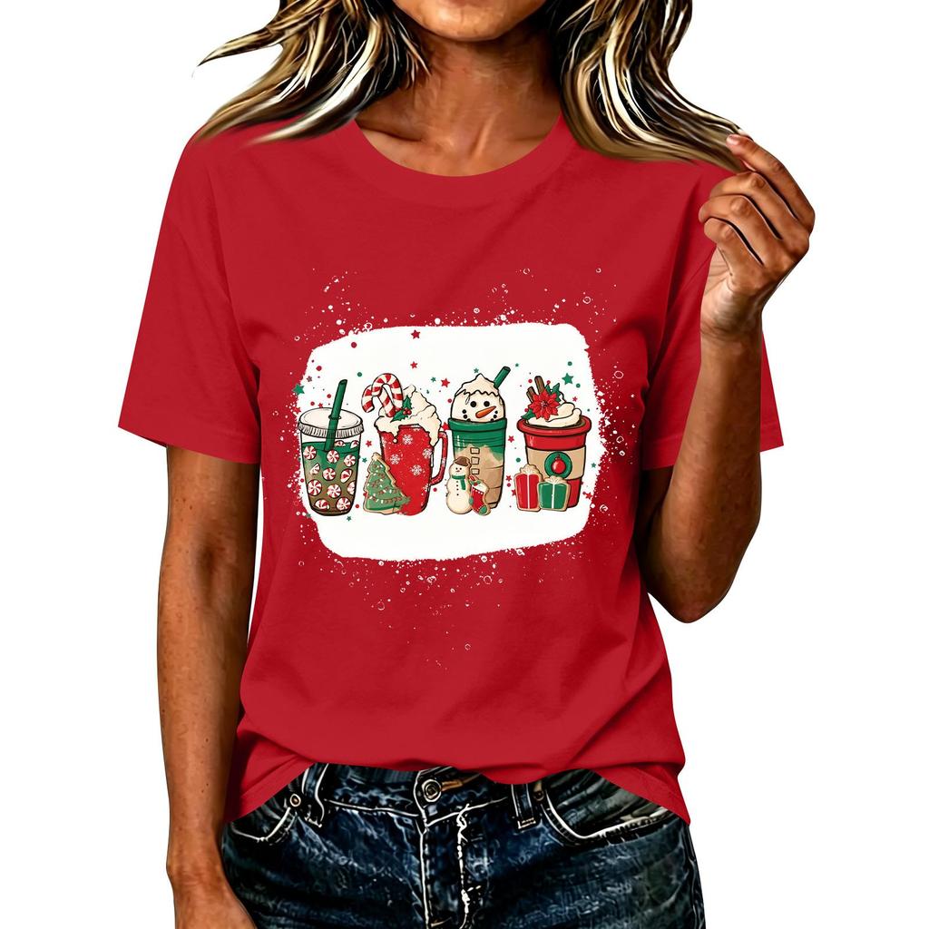 Women's Casual Christmas Print Short Sleeve T-Shirt Festive Holiday Graphic Tee Top