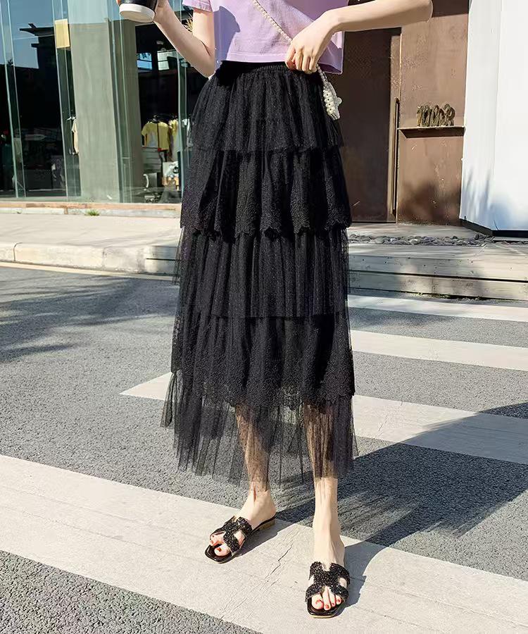 High-End Women's Layered Lace Mesh A-Line Skirt - Autumn/Winter Slimming Long Skirt