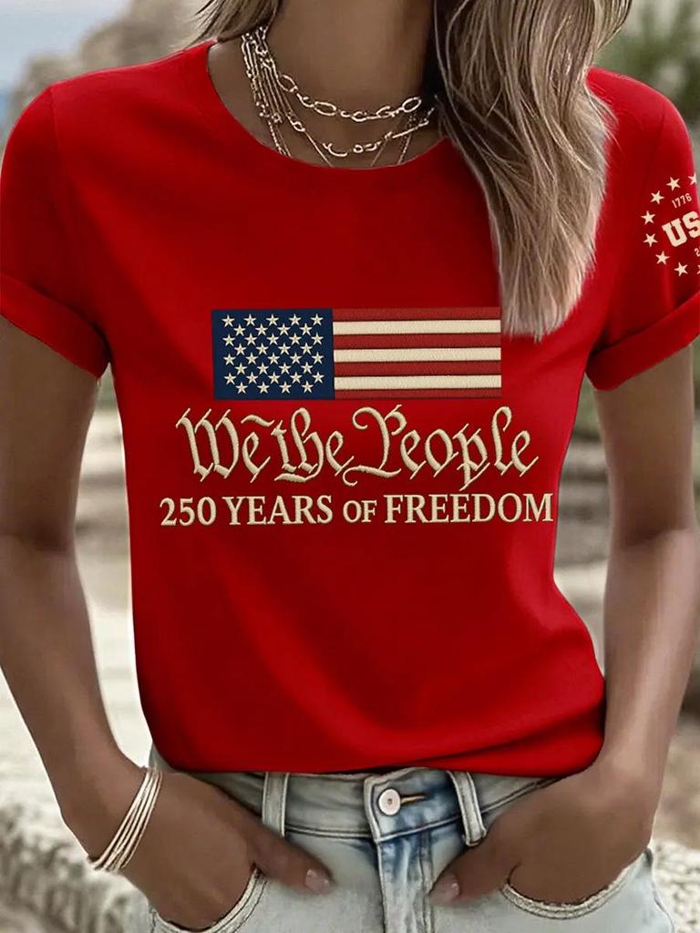 Women's 250th Anniversary Independence Day Digital Print T-shirt – Short Sleeve, Casual European & American Style