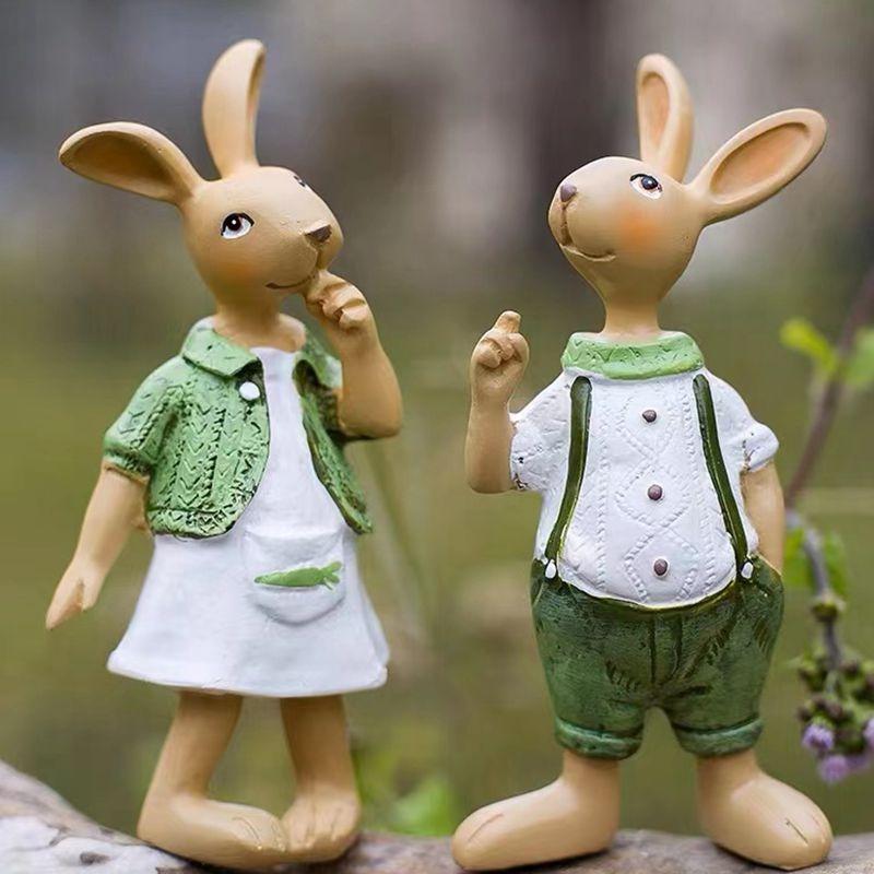 Rural Style Creative Cartoon Resin Handicraft Rabbit Figurine for Tabletop Decoration, Home and Garden Decor Item