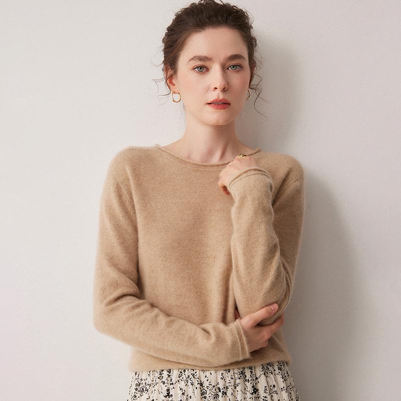 2026 Le Ka Sha Women's Pure Cashmere Round Neck Knit Sweater, 12-Gauge, Rolled Hem