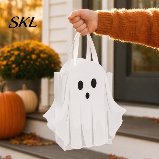 Ribbon Handle Bag Halloween Ghost Gift Bag, White Candy Pouch with Cute Face, Trick or Treat Favor for Party, Kids Goodie Prizes Holder