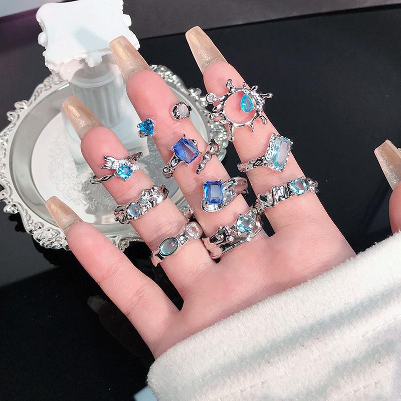 Aquamarine Series Pear-Shaped Zir*****Pen Ring Niche Design Irregular Ring French Index Finger Ring Women