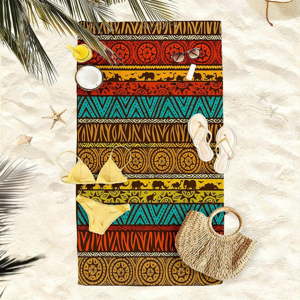 1pc, African Tribal Style Oversized Soft Beach Towel, Geometric Totem and Elephant Print Pattern, Microfiber Bath Towel, Quick