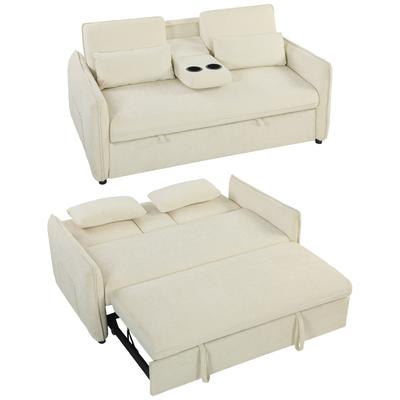 3-in-1 Adjustable Sofa Bed, Two-Seater with Cup Holders, Adjustable Backrest, and Side Pockets, Beige