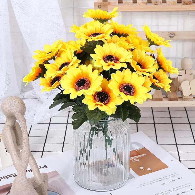 1 Bunch 7 Heads Artificial Sunflowers 29cm Shrubs Fake Flower Bouquet For Garden Bookstore Wedding Cafe Store Party Decor