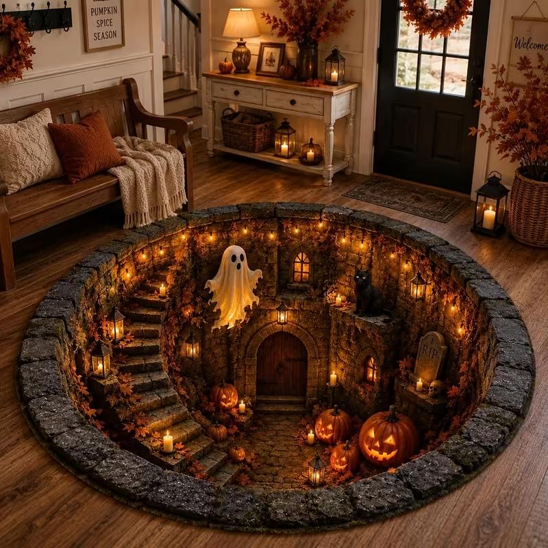 Halloween Skeleton Abyss 3D Optical Illusion Round Rug, Spiral Pit Skeleton Melted Candle Print, Household Decor Carpet