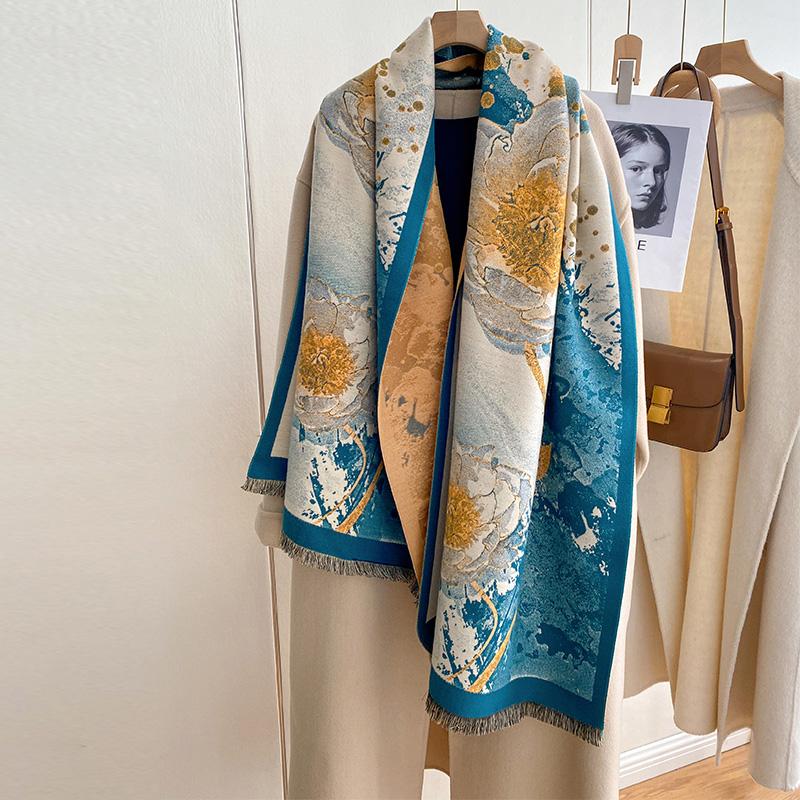 Luxury Winter Flower Cashmere Scarves High Quality Women Thicken Wrap Shawl Ladies Warm Wool Pashmina Peacock Besign Scarf