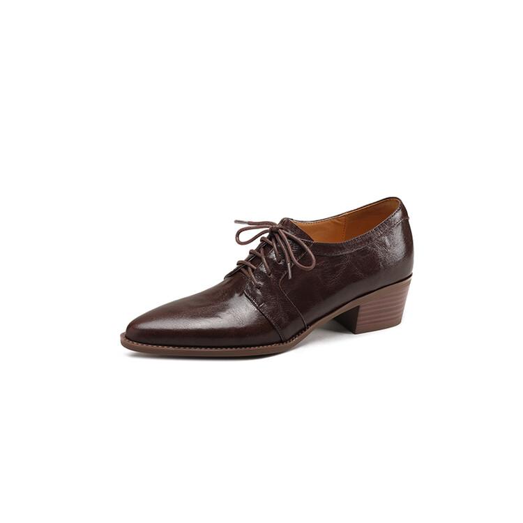 

Мода НОВЫЕ Весенне-Осенние Женские Туфли Лодочки Острый Носок Массивный Каблук Обувь Натуральная Кожаная Обувь для Женщин Casaul На Шнуровке Черные Женские Туфли 34 коричневый