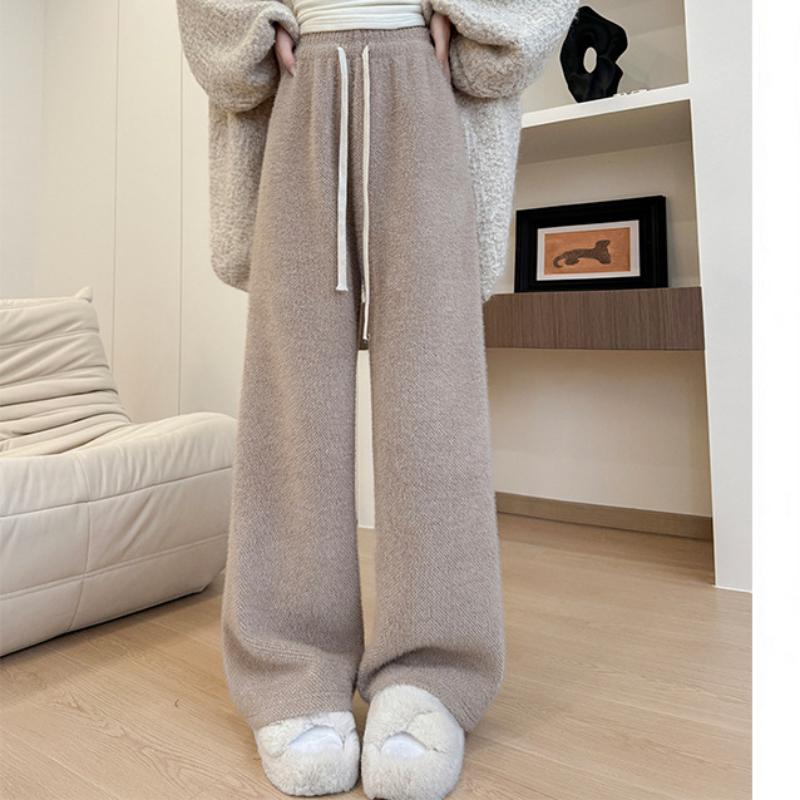 Mink Vel Wide-leg Pants for Women In Autumn and Winter New Knitted High-waisted Draped Glutinous Rice Pants Straight-legged Slim and Lazy Plush Pants