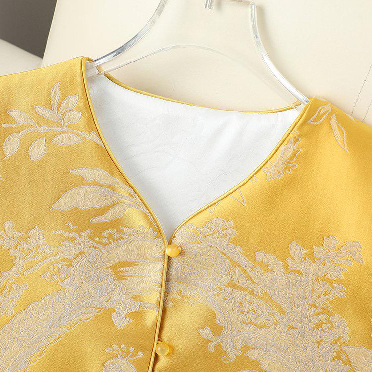 Gilet a Girocollo Rotondo Bicolore in Broccato Cinese Jacquard Ricamato con Fenice