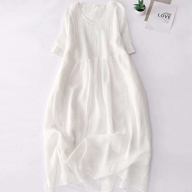 2024 Summer Women's Cotton-Linen V-Neck Pleated Retro Dress