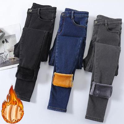 Winter Lady Thermal Plush Jeans Snow Warm Stretch Jeans  High Waist Fleece Pants Female Straight Leg Denim Trousers