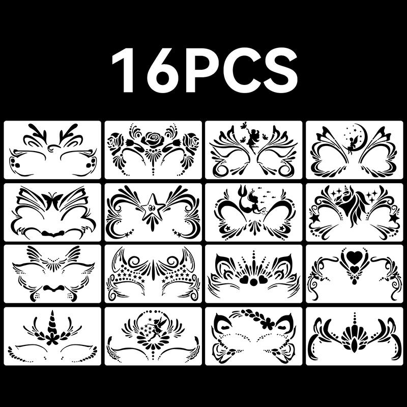 

16 трафаретів для розпису обличчя Новий набір масок DIY Дитячий графіті Помічники для малювання руками Татуювання Трафарети Сценічна вечірка Святковий макіяж onesize