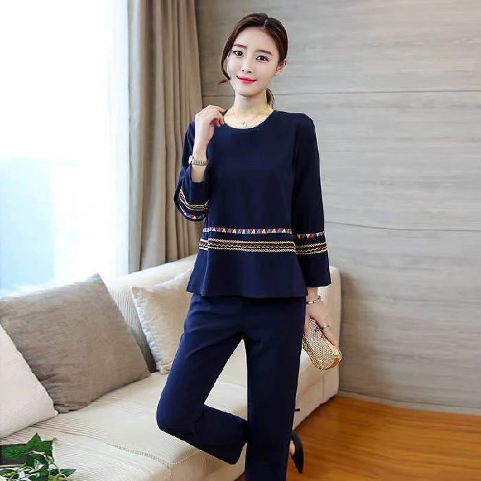 Women's Fashionable Spring Autumn Suit Round Collar Long Sleeve Shirt + Slim Fit Trousers Casual Two Piece Set