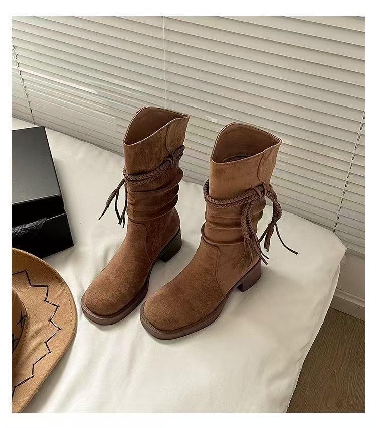 

[sheii Su Yinyin] Egyptian boots~ fringed thick heel boots western cowboy boots women s pile boots 40