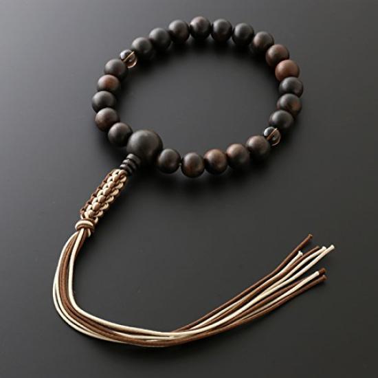 Men's Buddhist Prayer Beads by Kyoto Butsudan Hayashi, Pure Silk with Braided Tassel, Striped Ebony and Two-Ten Brown Crystal Finish [Prayer Beads