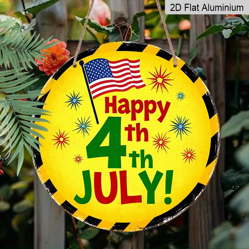 2D Flat, 1pc Round "Happy 4th of July" Aluminum Hanging Sign, Patriotic USA Flag Firework Design, Retro Yellow Black Border Metal Wall Decor, Perfect