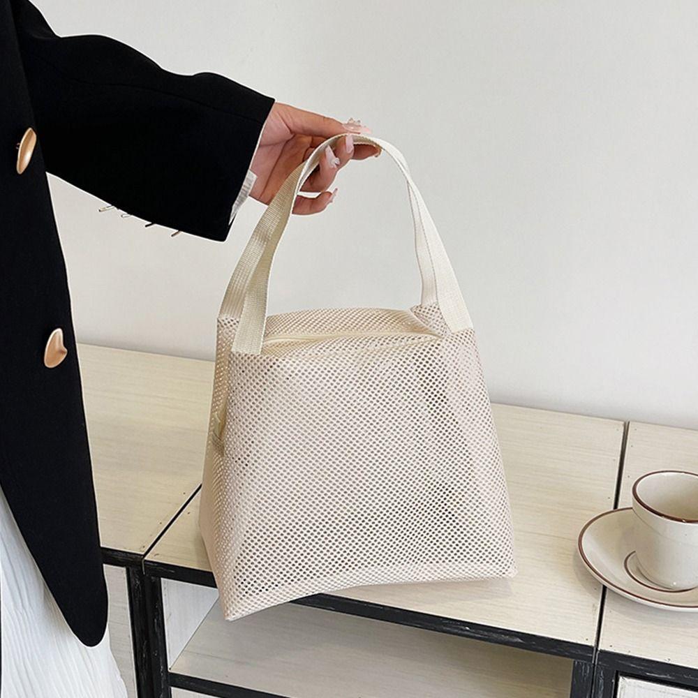 Large Capacity Cosmetic Zipper Pouch Casual Toiltery Makeup Bag Mesh Tote Beach Bag Beach