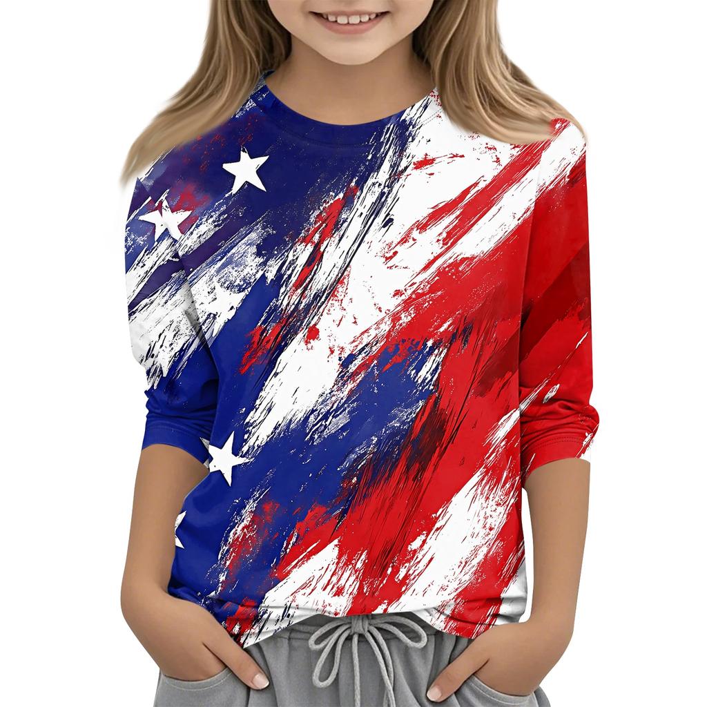 Kinder 3/4 Ärmel Tops Casual Print T Shirt Rundhals Pullover Bluse