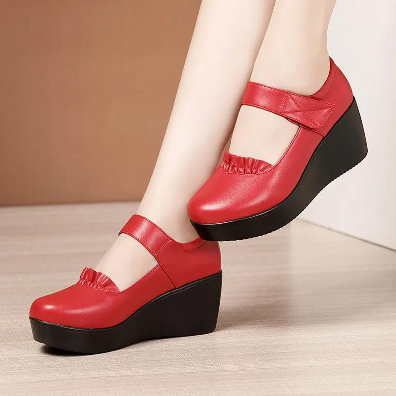 6cm Small Size 32-43 Comfortable Med Heels Pumps Soft Leather Mary Janes 2025 Women's Platform Wedges Shoes for Office Mom Dance