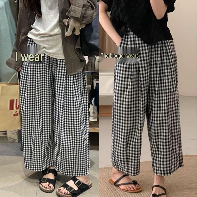 Women's Black & White Plaid High-Waisted Slimming Cotton-Linen Pants, Summer 2025 Style, Petite Nine-Point Length.