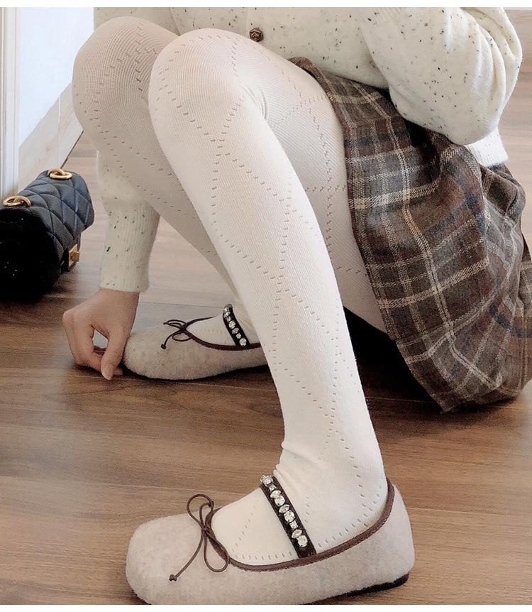 Meias Brancas de Espessura Média para Outono/Inverno & Collants de Bolinhas Cinza Fumo, Leggings Branco Leite Forradas em Algodão