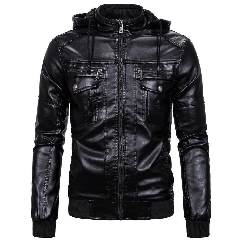 Winter Fleece Thickened PU Leather Jacket Men's Jacket Large Size British Fashion Hooded Leather Jacket Men's Top