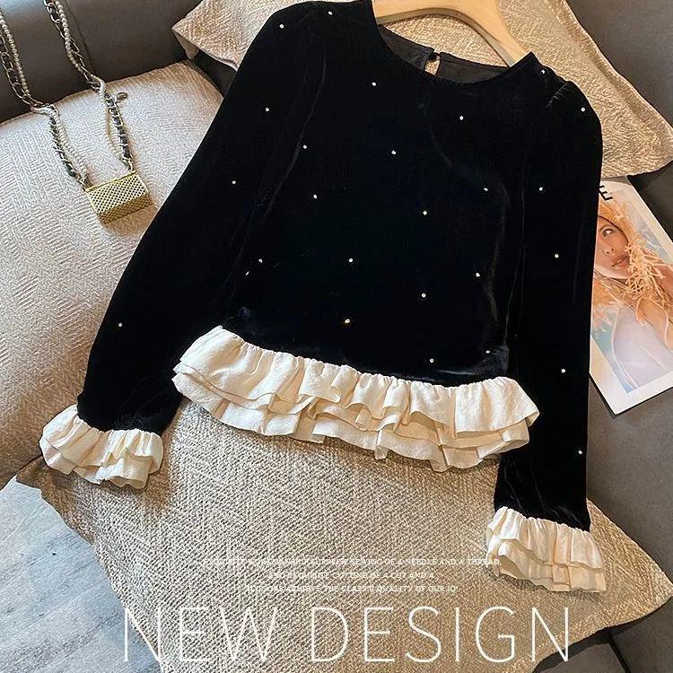 Autumn 2025 Elegant Black Velvet Patchwork Slim-Fit Shirt Extra Large чёрный