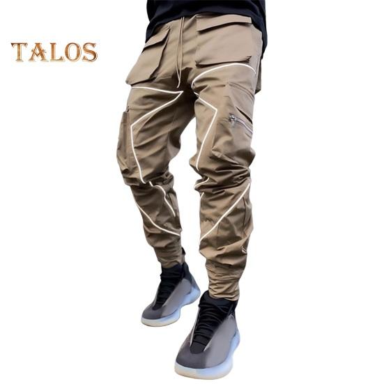 

Мужские брюки-карго с полосками на щиколотках, светоотражающие, с несколькими карманами, свободные повседневные прямые брюки для занятий спортом на открытом воздухе, для бега, кемпинга M хаки