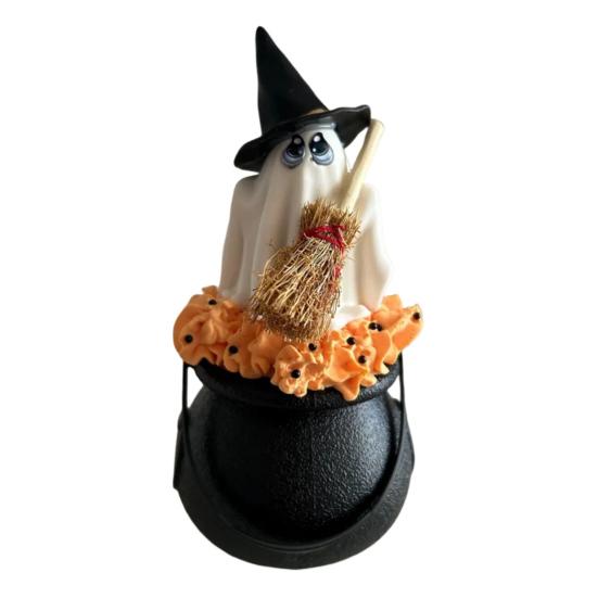 Witch Hat Ghost Cauldron Figurine Halloween Cartoon Ghost Cauldron Statue Sculpture Holiday Party Desktop Decoration Ornament