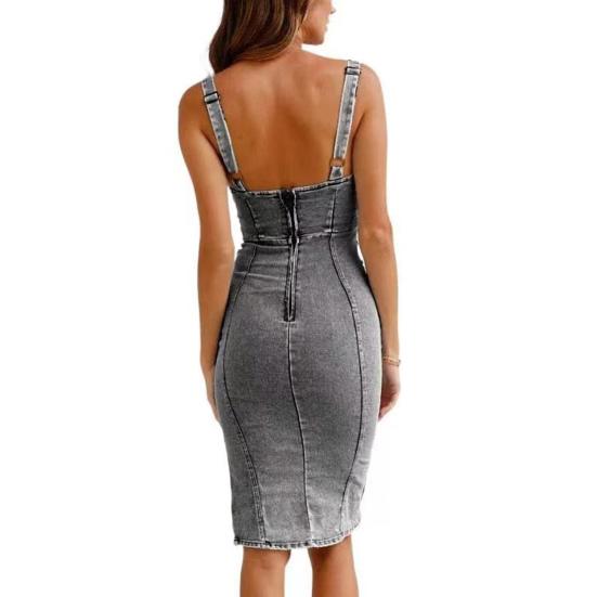 Dámské letní džínové šaty Nízký střih s výstřihem do U, bez rukávů, na zip, zapínání na zip Slim střih Znuděný, boční, retro, plášť, midi šaty