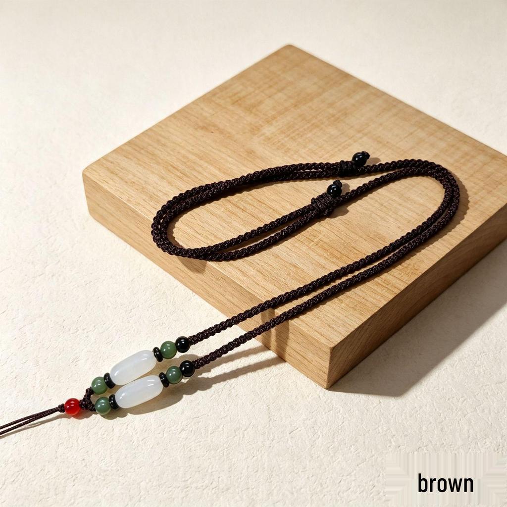 Adjustable Unisex Agate Jadeite Jade Pendant Necklace with Cinnabar Rope