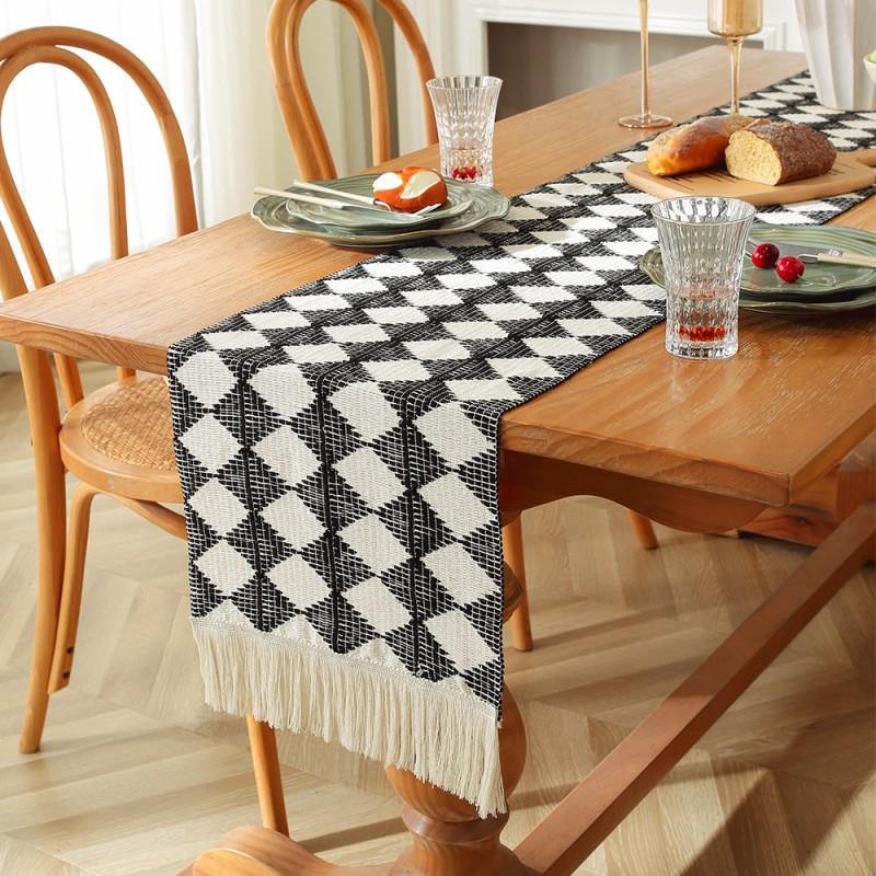 Cotton Linen Table Runner With Striped Patchwork Design Tassel Trim Modern Minimalist Long Cover Dining Room