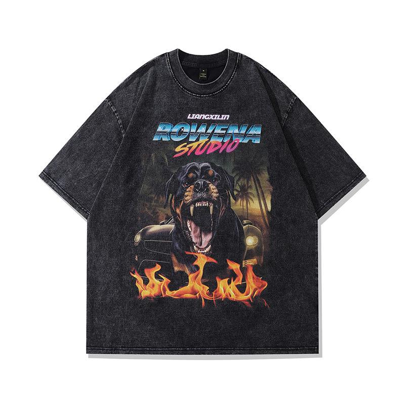 T-shirt a manica corta lavata effetto invecchiato con stampa Doberman, Direct Spray, High Street, Brand Trendy Retro Americano, Maglietta a mezza manica da uomo e da donna
