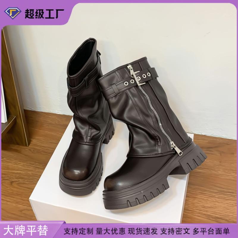 Internet celebrity tube boots British style thick-soled Martin boots small man heightened thick heel leather boots thin motorcycle boots