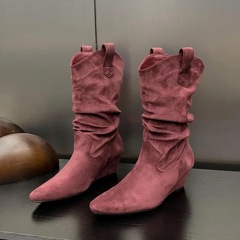 Eilyken Winter Design Pleated Wedges High Heels Women Ankle Boots Pointed Toe Roman Ladies Shoes  Mujer