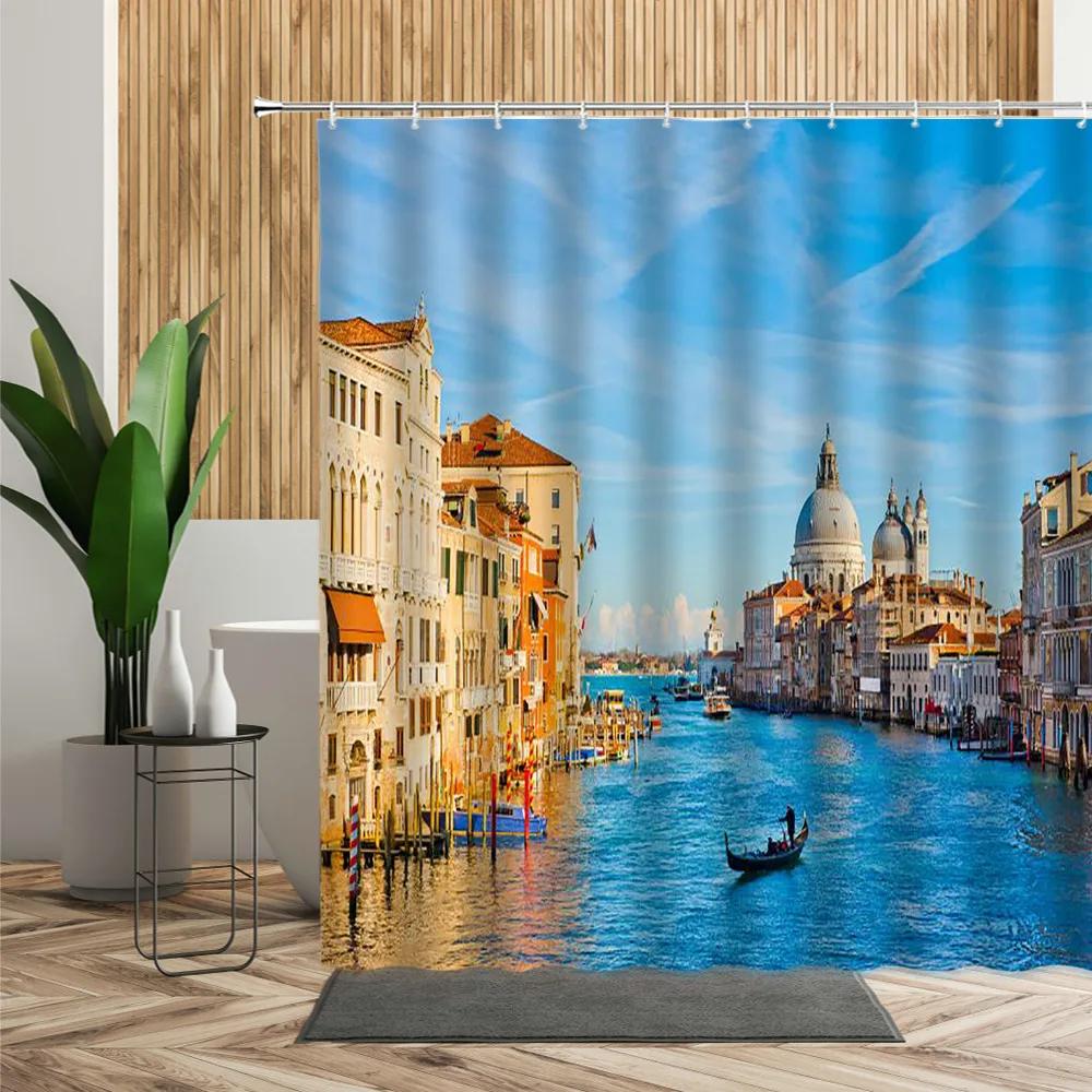 Scenery Shower Curtain Greece Seaside City Blue House Printed Fabric Bath Curtain Home Bath Decoration Bathtub Screen With Hooks