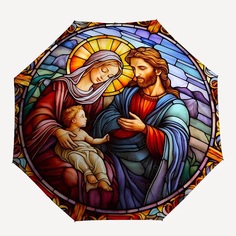 1pc Stained Glass Nativity Scene with Automatic Opening Umbrella, Portable Tri-Fold Design, 8-Bone Iron Frame Outdoor Umbrella, Perfect Gift for Fans,