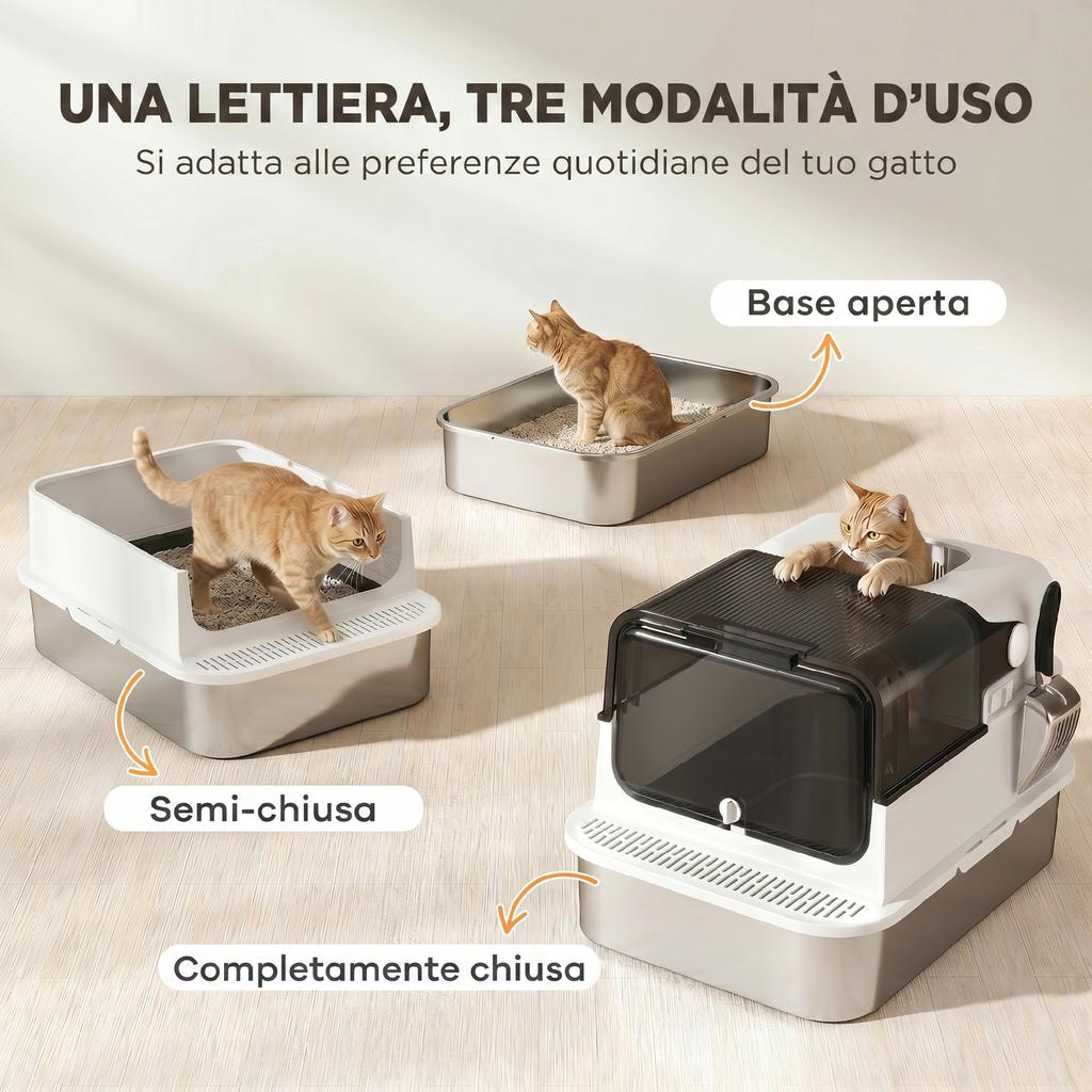 52L Stainless Steel Enclosed Cat Litter Box with Flip Lid, Double Door, Scoop, White