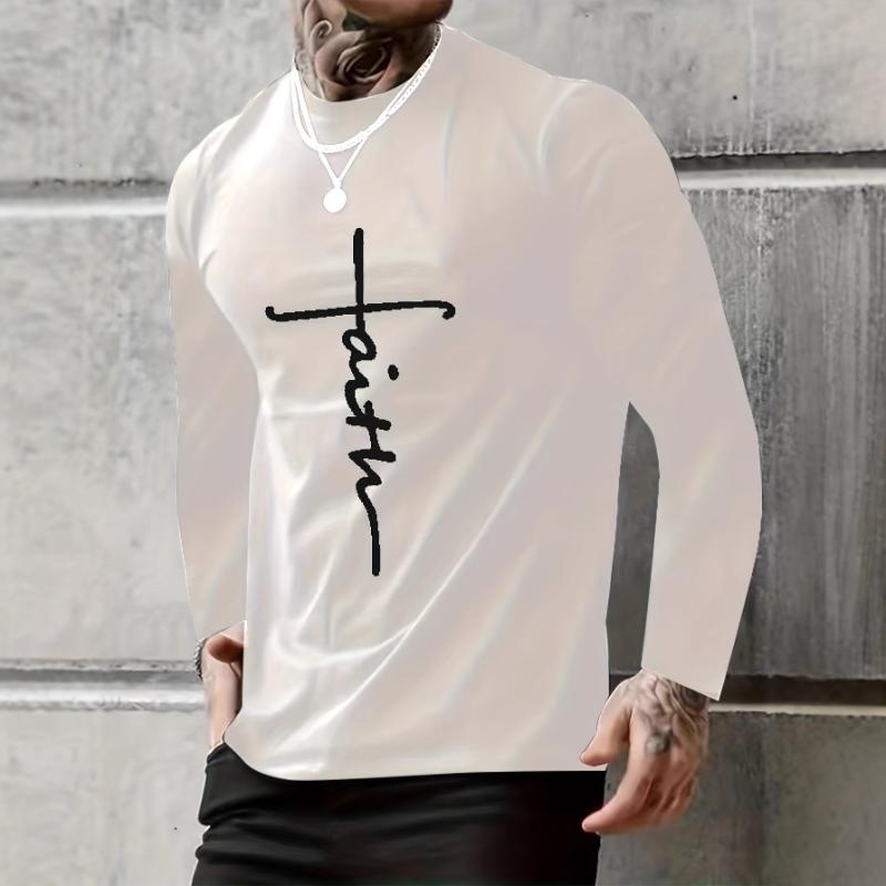 

Мужской осенний новый топ с длинным рукавом, простая футболка с принтом в виде букв и круглым вырезом S белый