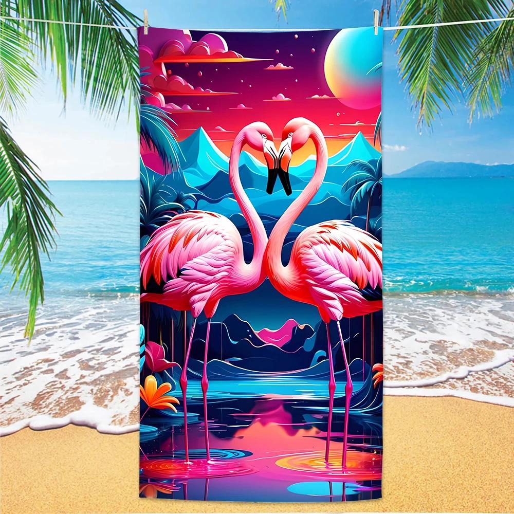 Flamingo Beach Towel, Digital Printing Thin Quick-Dry Anti-Sand Microfiber Lightweight for Swim, Yoga, Travel, Gym, Gift