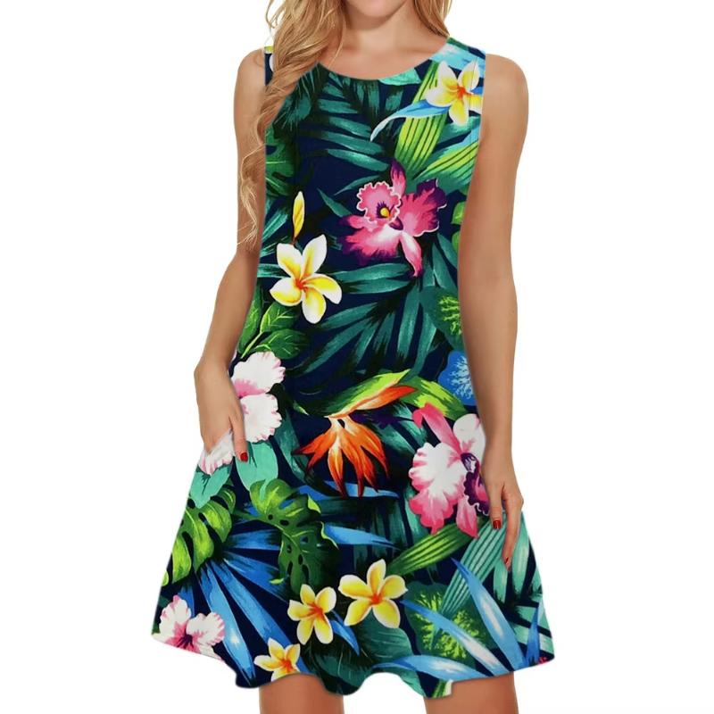 Women'S Elegant Floral Pink Green Leaf Pattern Print Sleeveless A-Line Dress Halloween Costume Oversized Woman Clothing Y2k Tops