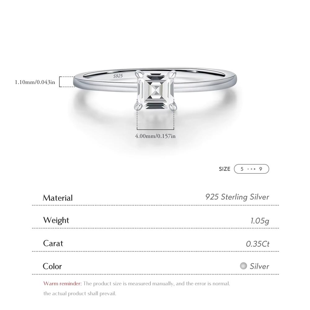 925 Sterling Silver Trendy Asscher Cut D Color Moissanite Finger Rings for Women Wedding Engagement Statement Jewelry