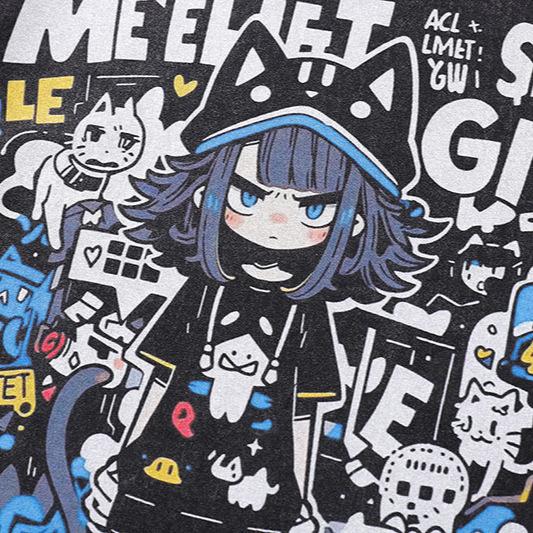Harajuku Retro Japanese Two-Dimensional Cartoon Printing Washed And Old Heavy Cotton Short-Sleeved T-Shirt Trendy Men And Women