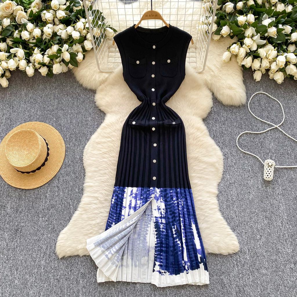 Summer Women Sleeveless Print Designer Runway Dress Single Breasted Knitted Sweater Dresses