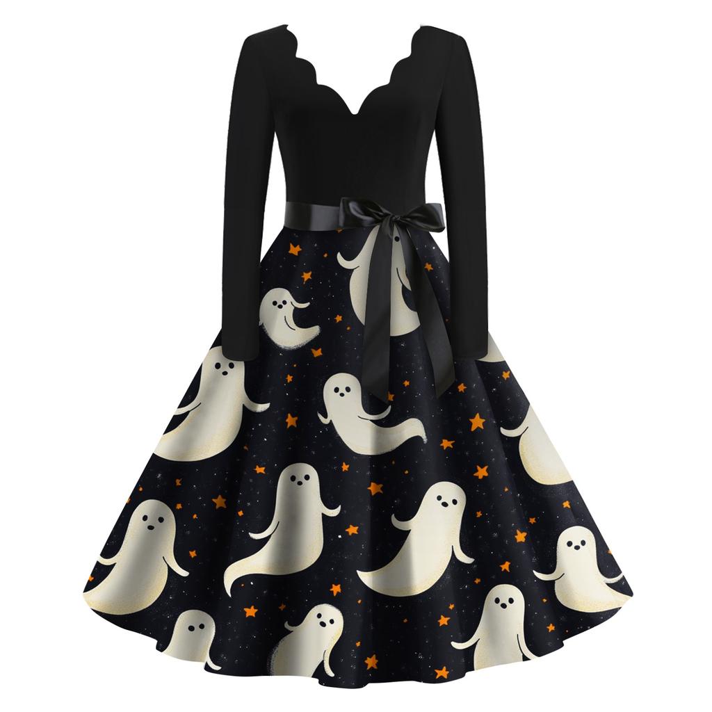 Kvinners uformelle mote Halloween trykt V-hals vintage kjole