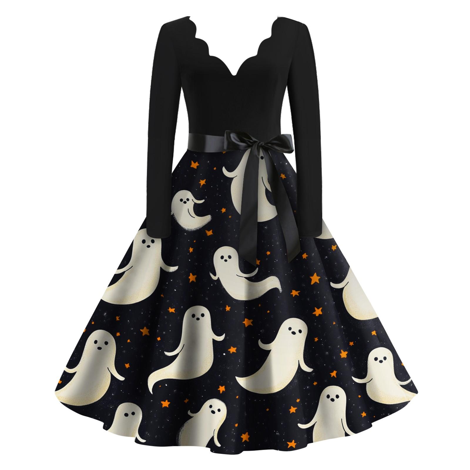 

Женское повседневное модное винтажное платье с принтом в виде V-образного выреза на Хэллоуин XXL белый