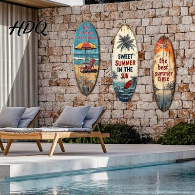 Retro Surfboard Sign 1/3Pcs Plaque Decoration Solid Wood Vintage Coastal Wall Sign