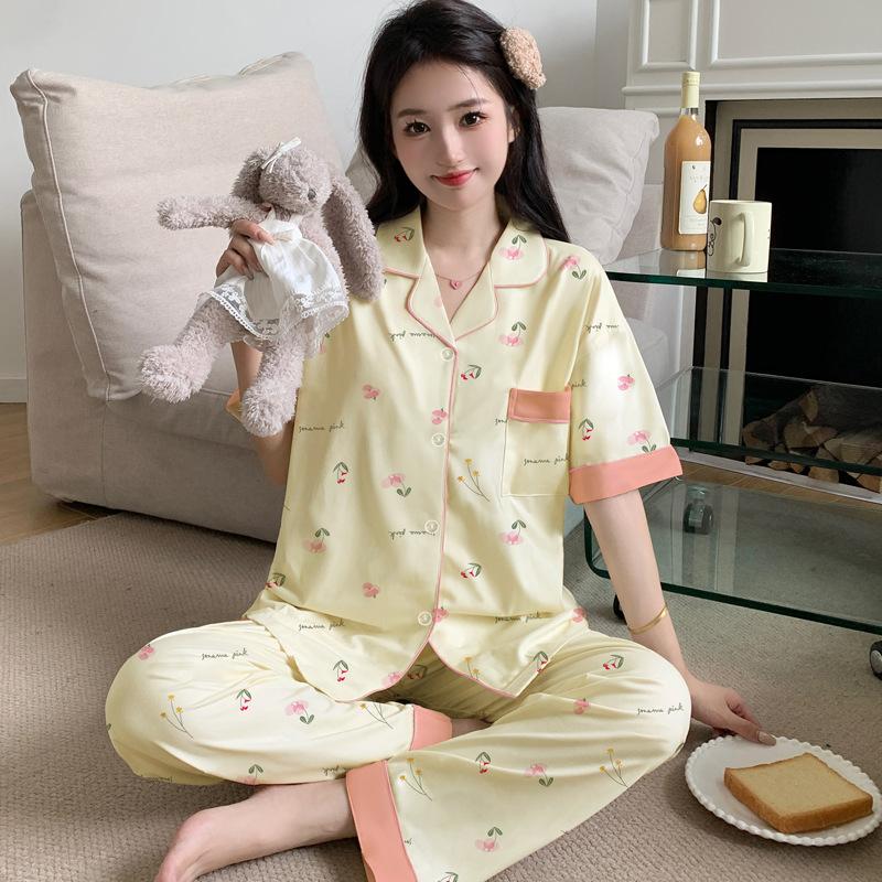 Contrasting color imitation cotton pajamas women's summer short-sleeved trousers small floral large-size loungewear medium mother suit